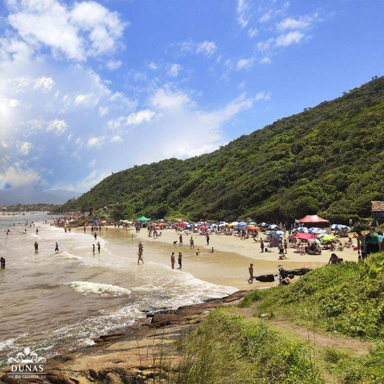 Praia movimentada ao pé do morro coberto de mata atlântica